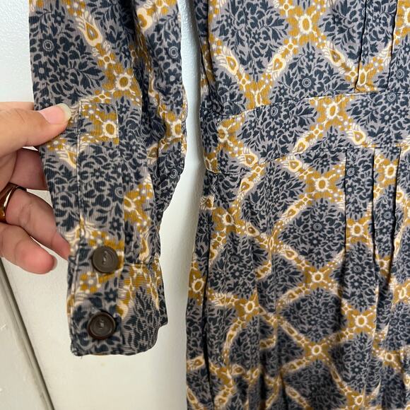 Maeve Button Front Collared Dress Gray Mustard Print Cotton Retro Boho Prairie - Picture 13 of 15